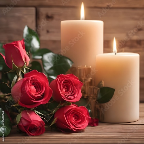 Gift box with roses and candles on wooden table, on light background. created by generative AI technology.