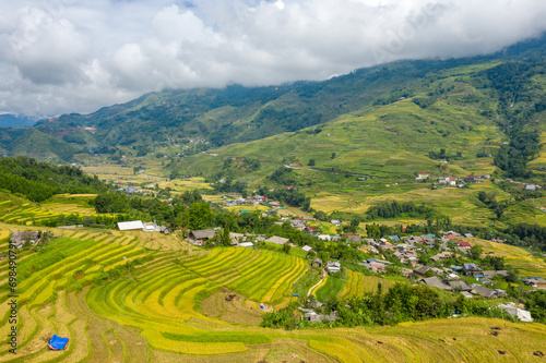 The traditional village on the mountainsides with tropical forests with green and yellow rice terraces  in Asia  Vietnam  Tonkin  Sapa  towards Lao Cai  in summer  on a cloudy day.