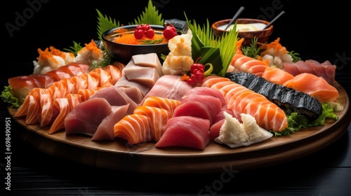  a platter of assorted sushi and sashimi on a wooden platter with dipping sauces on the side.