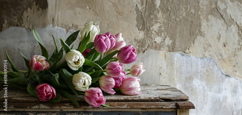 tiges de tulipe posées sur un meuble ancien avec peinture écaillée photo