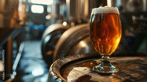 AI generated illustration of A beer mug perched atop a wooden barrel