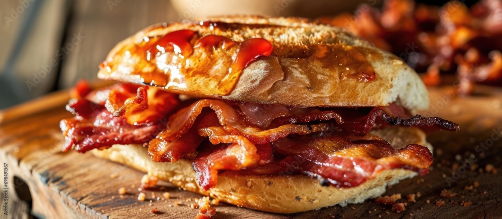 Bacon roll or sandwich with juice on a soft bun. Bacon roll or sandwich with juice on a soft bun.