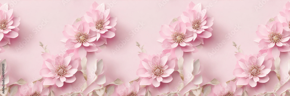 Pink flowers on pink background, seamless banner
