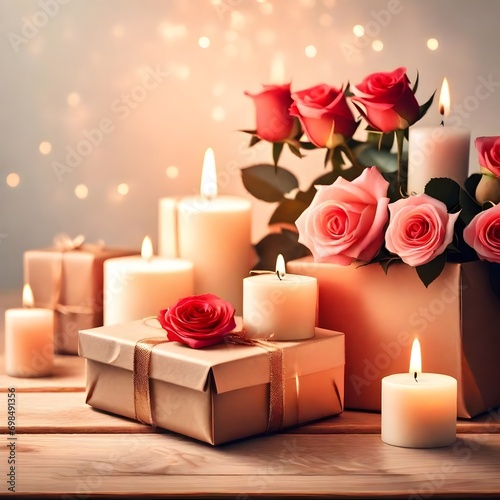 Gift box with roses and candles on wooden table  on light background. created by generative AI technology.