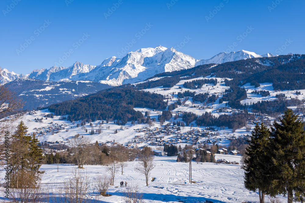 The city of Megeve in the middle of the Mont Blanc massif in Europe, France, Rhone Alpes, Savoie, Alps, in winter, on a sunny day.