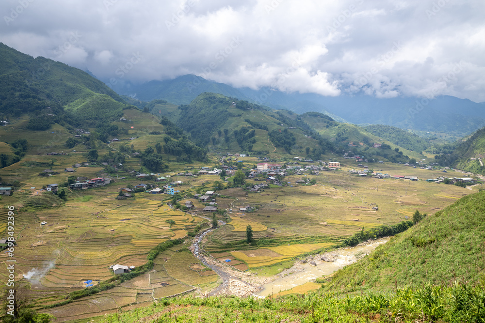 The green and yellow rice fields in the mountains in the verdant valley, Asia, Vietnam, Tonkin, Sapa, towards Lao Cai, in summer, on a cloudy day.