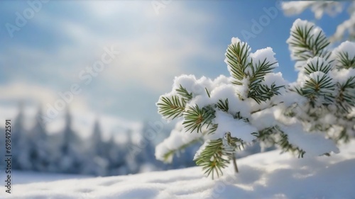 Beautiful evergreen fir tree branches covered with soft fluffy snow, close up at winter sunlight. Picturesque frozen landscape in coniferous forest. Idyllic untouched nature concept. Beautiful winter  © triocean