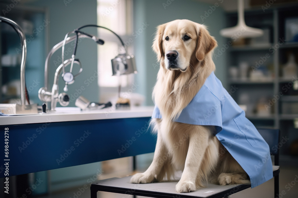 Beautiful dog dressed up as as a vet