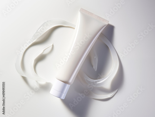 Close up of white blank tube cosmetic product on the white table, white face cream tube container mokcup