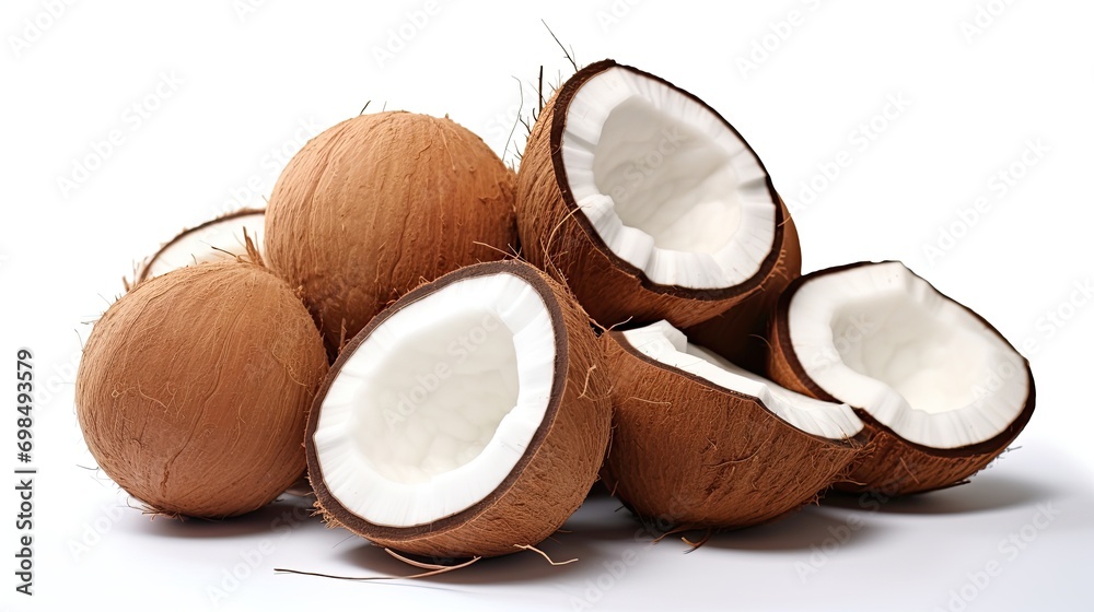 Closeup of broken coconut fruit on wooden background with space for caption. Banner for spa, healthy eating, coconut oil for food and body, generative AI Closeup of broken coconut fruit on wooden background with space for caption. Banner for spa, healthy eating, coconut oil for food and body, generative AI