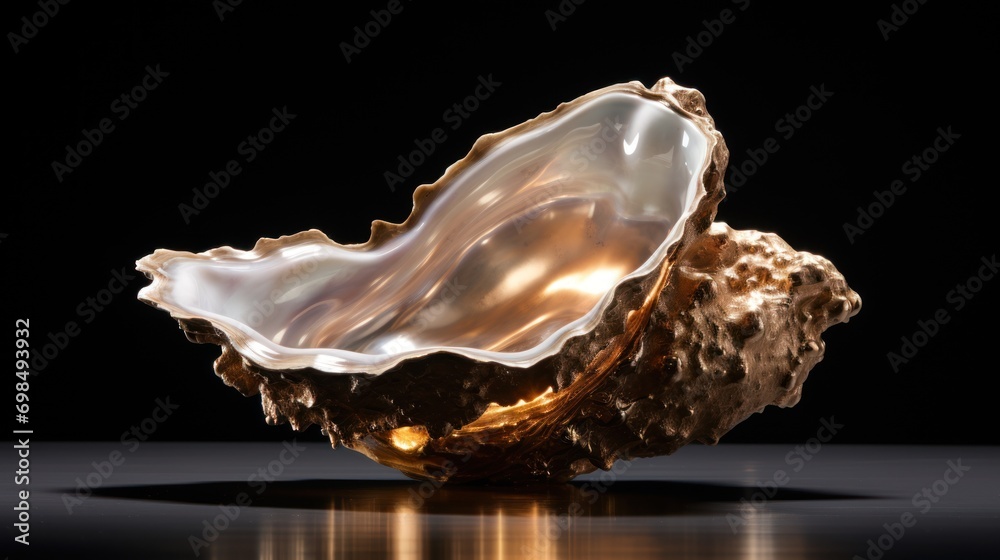 a large white shell sitting on top of a black table next to a gold object on top of a black surface. a large white shell sitting on top of a black table next to a gold object on top of a black surface.