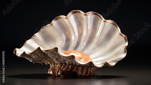 a close up of a shell shaped object on a black background with a light reflection on the bottom of the shell. © Olga