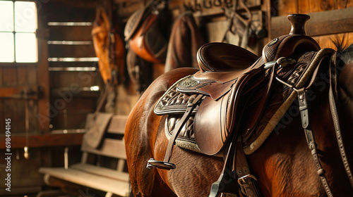 Equestrian Elegance: A saddle, bridle, and grooming tools in a well-kept stable, highlighting the bond between riders and their horses