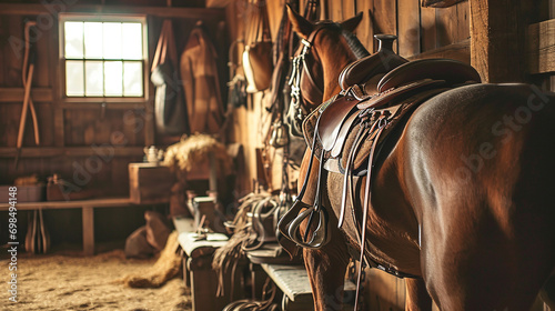 Equestrian Elegance: A saddle, bridle, and grooming tools in a well-kept stable, highlighting the bond between riders and their horses
