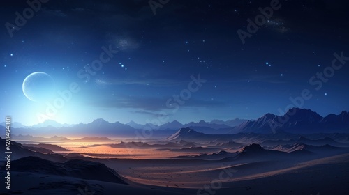  a view of a distant planet with mountains in the foreground and a distant star in the sky in the background.