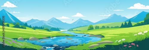 Animated Valley with River Background with Empty Copy Space for Text - Valley with River Landscape Backdrop - Flat Vector Valley Graphic Illustration Wallpaper created with Generative AI Technology