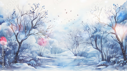 winter postcard blank form watercolor drawing, landscape in blue tones, covered with snow, snowfall in light blue tones abstract blurred background