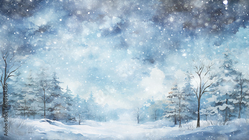 winter postcard blank form watercolor drawing, landscape in blue tones, covered with snow, snowfall in light blue tones abstract blurred background