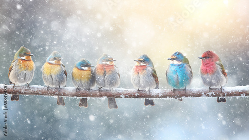 winter postcard, a row of colorful little birds in a snowfall on a branch, snow weather nature