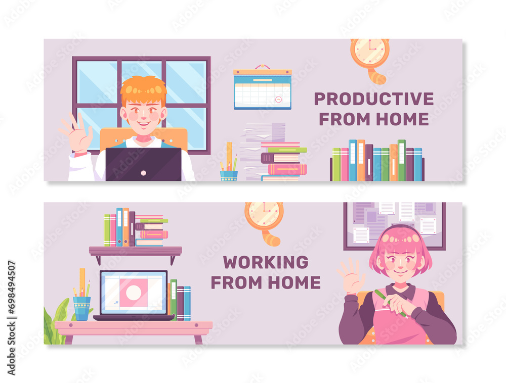 Teleworking illustration horizontal banner template set with characters