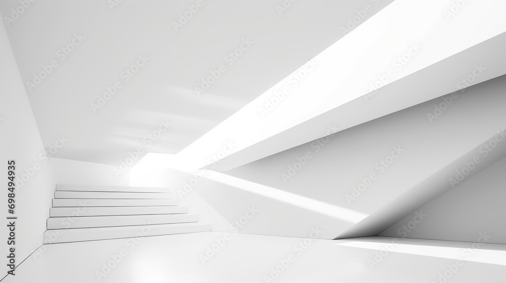  a white room with a set of stairs leading up to the top of the room and a bright light coming from the ceiling.