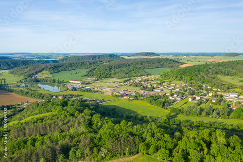 A city in the middle of the countryside in Europe, in France, in Burgundy, in Nievre, in Varzy, towards Clamecy, in Spring, on a sunny day.