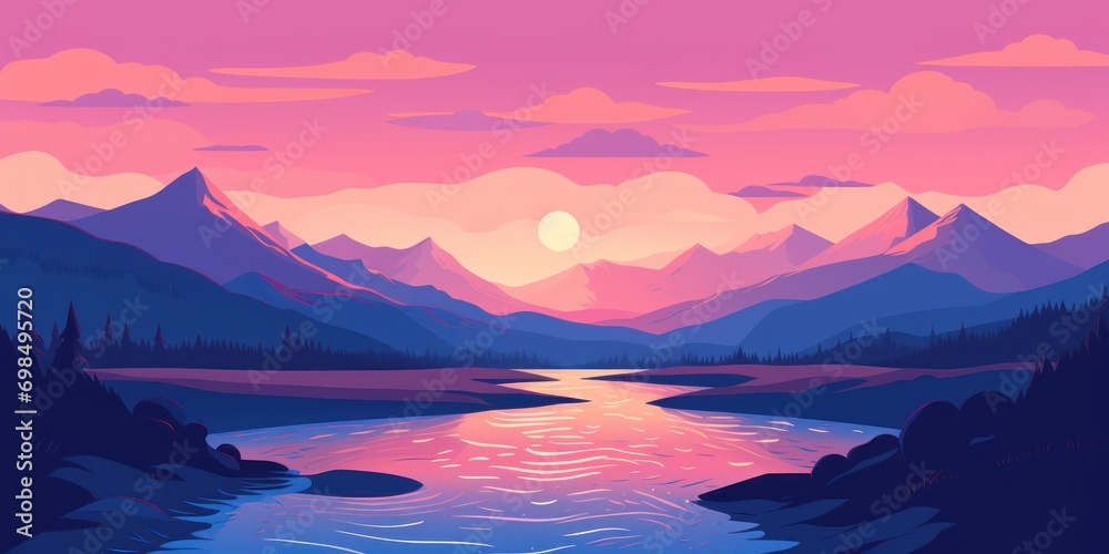 Animated Valley with River Background with Empty Copy Space for Text - Valley with River Landscape Backdrop - Flat Vector Valley Graphic Illustration Wallpaper created with Generative AI Technology