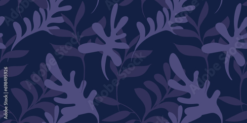 Monotone dark blue pattern with shape organic botanical branches leaves. Vector hand drawn sketch. Simple abstract background leaf floral printing. Design for fashion, fabric, wallpaper.