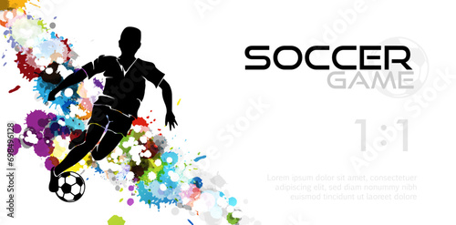 Soccer player in action  kicking ball for winning goal. Abstract vector illustration from rainbow paint splashes and black silhouettes.