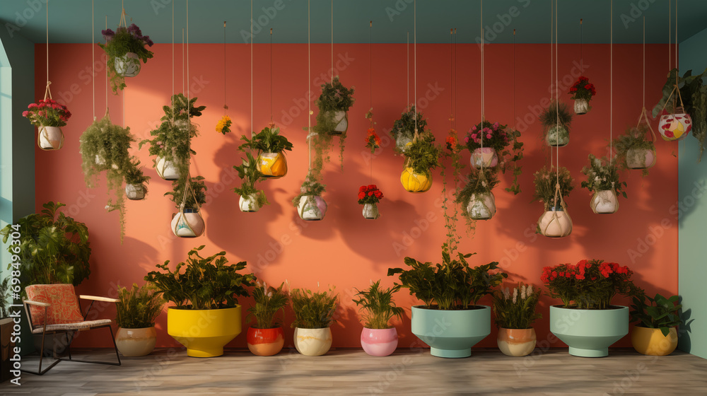 Whimsical Hanging Plants in Colorful Pots