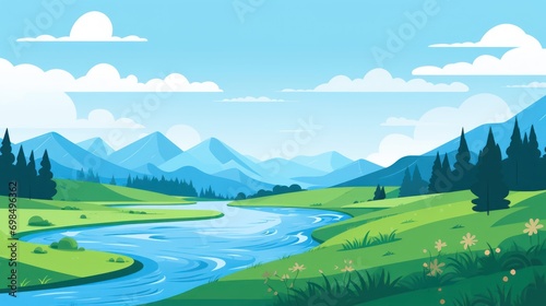 Animated Valley with River Background with Empty Copy Space for Text - Valley with River Landscape Backdrop - Flat Vector Valley Graphic Illustration Wallpaper created with Generative AI Technology