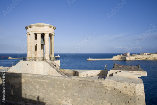 Panorama of Siege Bell War Memorial with rotunda, Tomb of Unknown Soldier on St Christopher bastion in Valletta, Malta 