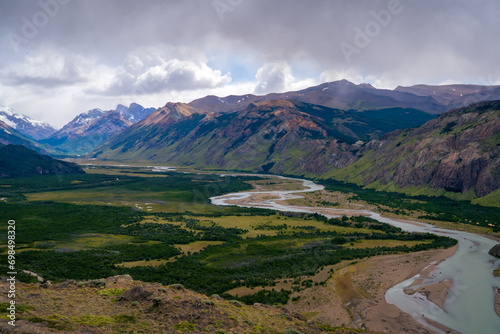 Mountains viewpoint in el chalten with river and dramatic cloud (Patagonia, Argentina)