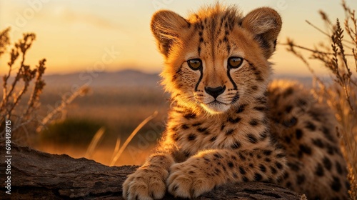 AI illustration of A young cheetah cub lounging atop a large rock. photo
