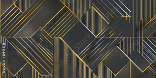 Abstrakte kunstvolle geometrische Teile in gold schwarz als Hintergrund Motiv Nahaufnahme Querformat für Banner, ai generativ photo