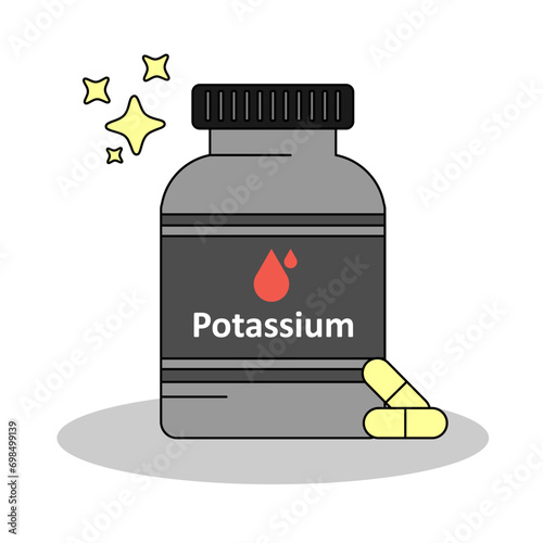 A bottle of Potassium supplement , capsule and pills for nutrition, flat design vector and illustration
