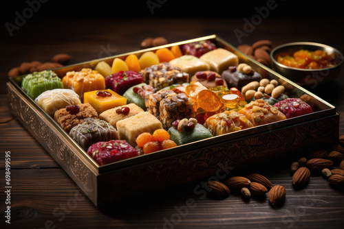 Indian sweets or mithai packed in the box for diwali festival. photo