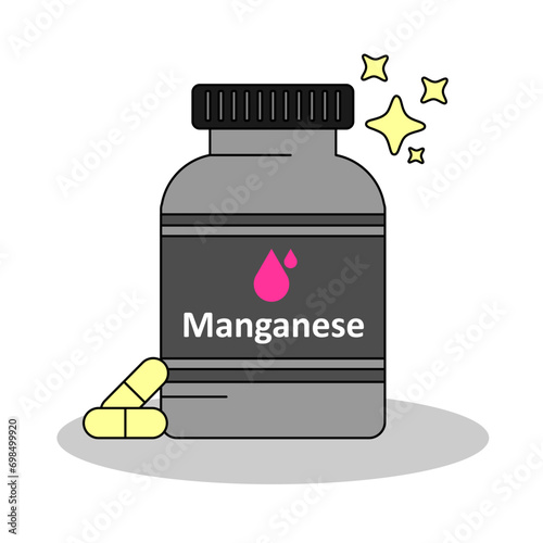 A bottle of Manganese supplement , capsule and pills for nutrition, flat design vector and illustration
