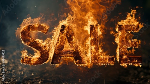 The word Sale made from fire on black background. Hot season of sales and discounts. Burned sale