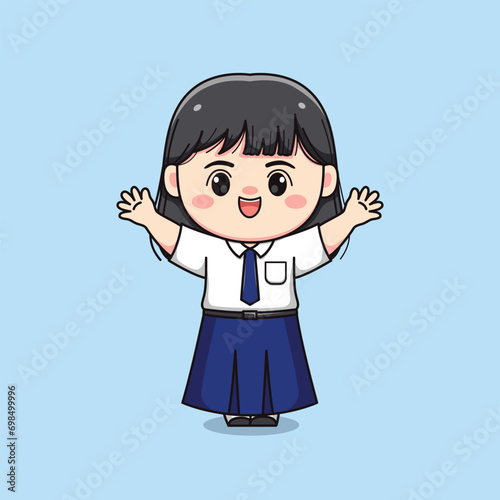 cute junior high school student girl hands up chibi kawaii