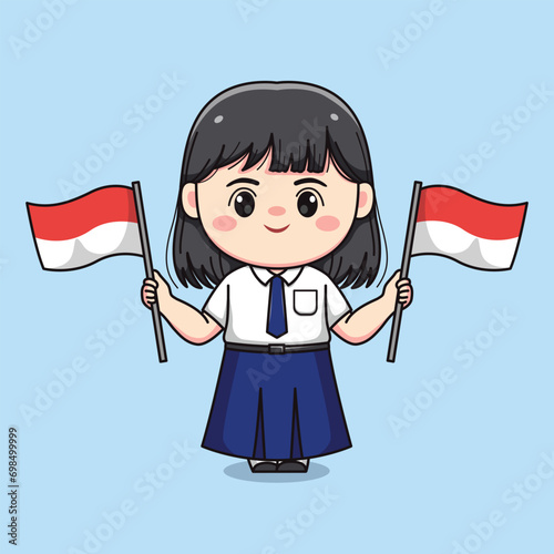 cute junior high school student girl holding indonesian flag chibi kawaii