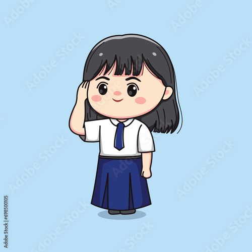 cute junior high school student girl saluting chibi kawaii