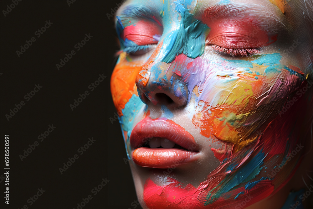 Fashion Concept. Closeup portrait of woman girl in colourful smear paint art. illuminated with dynamic composition light. sensual, mysterious, advertisement, copy space