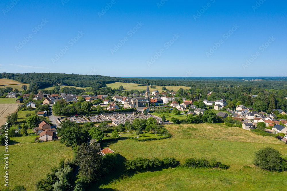 A traditional village old seaside resort in the middle of the countryside in Europe, France, Burgundy, Nievre, Saint-Honoré-les-Bains, towards Chateau Chinon, in summer on a sunny day.