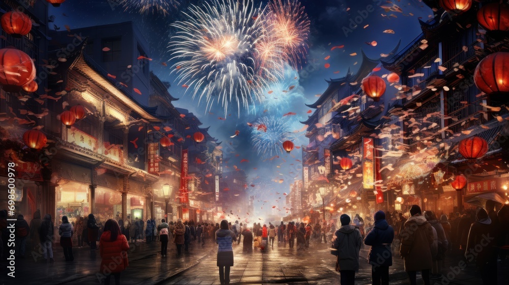 Fireworks in China to celebrate the Chinese New Year - obrazy, fototapety, plakaty 