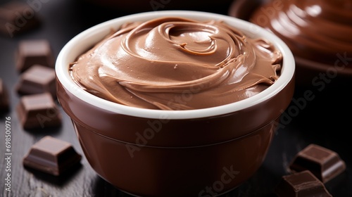  a bowl filled with chocolate frosting on top of a wooden table next to a bowl of chocolate cubes. photo