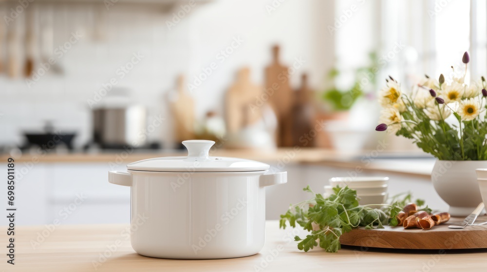  a white crock pot sitting on top of a wooden cutting board next to a vase with flowers in it. - obrazy, fototapety, plakaty 