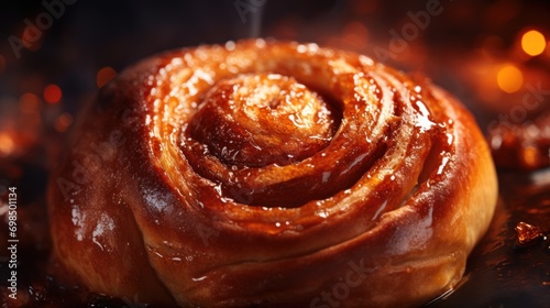  a close up of a cinnamon roll on a black surface with a blurry background of lights in the background.