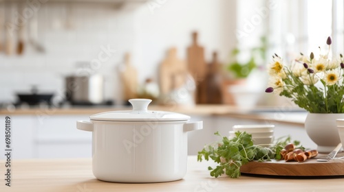  a white crock pot sitting on top of a wooden cutting board next to a vase with flowers in it. photo