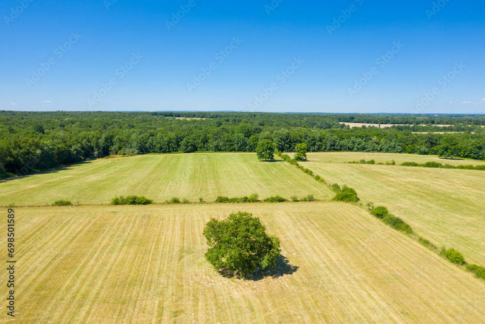 The green countryside with its forests and fields in Europe, France, Burgundy, Nievre, towards Nevers, in summer, on a sunny day. The green countryside with its forests and fields in Europe, France, Burgundy, Nievre, towards Nevers, in summer, on a sunny day.